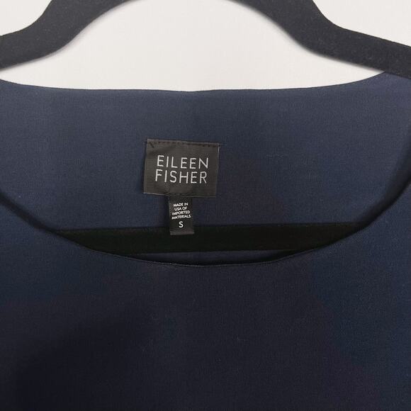 Eileen Fisher Small S Navy Blue Patchwork Short Sleeve Blouse Top Crew Neck Boxy - Picture 9 of 10